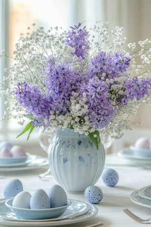 A beautifully arranged table features delicate pastel eggs in varying colors and a vase of lavender flowers. Soft lighting adds warmth, creating an inviting atmosphere for a spring celebration.の素材