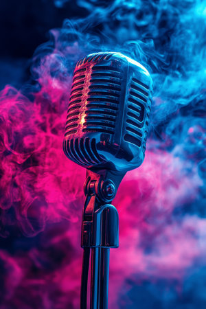 A vintage-style microphone stands prominently amid swirling pink and blue smoke, creating a dynamic and artistic atmosphere that evokes a sense of excitement and creativity.の素材