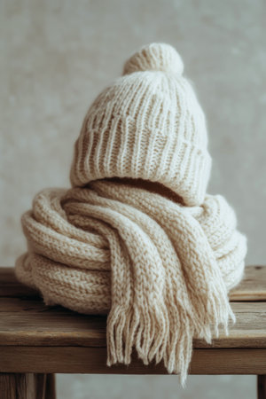 A soft cream knitted hat and scarf are carefully arranged on a wooden table, creating a warm atmosphere. The textured materials suggest comfort, perfect for chilly weather.の素材