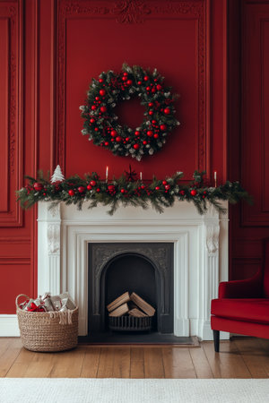 A charming room adorned with a rich red wall where a decorative wreath hangs above a stylish fireplace. Cozy elements like candles and a basket of logs enhance the festive atmosphere.の素材