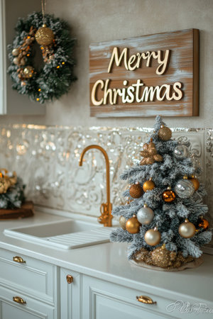 A beautifully decorated kitchen in festive spirit showcases a small Christmas tree with golden ornaments and a wreath hanging above. The warm decor adds charm to the space during the holiday season.の素材