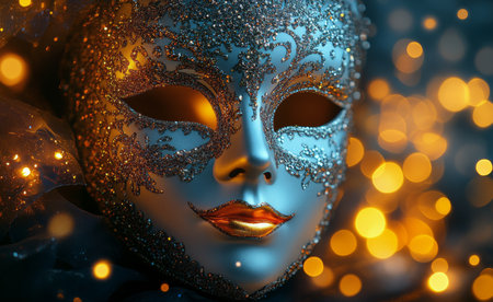 The ornate mask features intricate patterns and shimmering details, reflecting soft golden lights in a celebratory setting. Perfect for events like masquerades or upscale parties.の素材