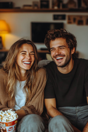 A joyful couple sits together on a couch at home, sharing a laugh while enjoying popcorn. The cozy atmosphere is enhanced by the warm light in the background.の素材