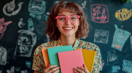 A smiling young student with curly hair and glasses proudly displays her colorful notebooks against a lively chalkboard filled with drawings and notes.の素材