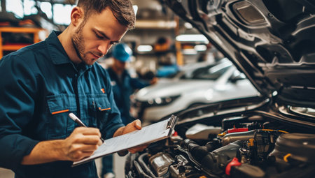 A mechanic is focused on inspecting a vehicles engine in a busy workshop, jotting down notes on a clipboard while evaluating the condition of the vehicle.の素材