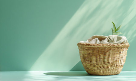 A woven basket filled with a soft cloth holds a green small plant, all set against a light blue wall with soft shadows. The composition creates a calming, serene atmosphere.の素材