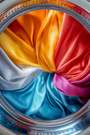 Vibrant fabrics in various shades of orange, pink, blue, and purple spin inside a washing machine during a laundry cycle, showing their gentle movement and texture.の素材