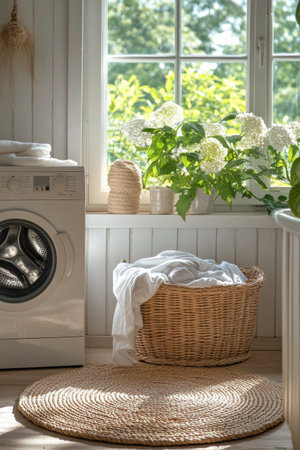 Soft morning light streams into the cozy laundry room, illuminating a washing machine beside a wicker basket full of white linens next to vibrant green plants by the window.の素材
