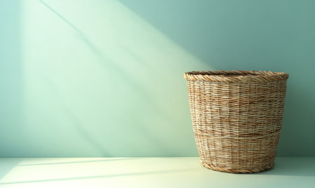 A woven basket filled with a soft cloth holds a green small plant, all set against a light blue wall with soft shadows. The composition creates a calming, serene atmosphere.の素材
