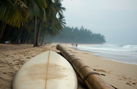 A surfboard lies on the sandy shore, while gentle waves lap at the edge. Lush palm trees and huts provide a serene tropical backdrop as the sun sets on the peaceful beach.の素材