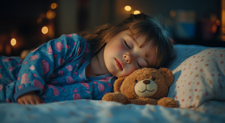 A little girl lies asleep in a softly lit bedroom, hugging her teddy bear tightly. The backdrop features warm lights that create a calming atmosphere.の素材