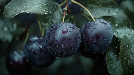 Ripe plums hang on a tree branch, covered in raindrops, reflecting the fresh greenery around them in a serene garden.の素材