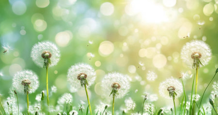 Fluffy dandelion flowers sway gently in the breeze, illuminated by warm sunlight. A dreamy bokeh background enhances the serene atmosphere of a summer afternoon.の素材