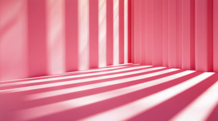 In a contemporary interior space, pink striped walls create a vibrant atmosphere. Sunlight streams in, casting shadows across the steps and floor, enhancing the playful design.の素材