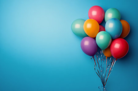 A vibrant assortment of balloons in various colors floats against a bright blue backdrop, creating a cheerful atmosphere perfect for parties and celebrations.の素材