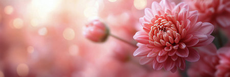Vibrant pink chrysanthemums fill the garden, showing their layered petals under the warm sunlight. Delicate blossoms create a serene atmosphere, enhancing the springtime beauty.の素材