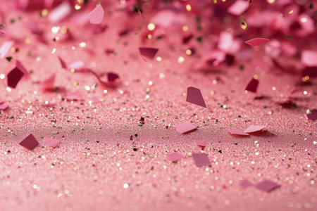 A vibrant display of pink glitter and confetti scatters across a bright pink background, creating an eye catching and festive atmosphere perfect for celebrations, parties, or special events.の素材