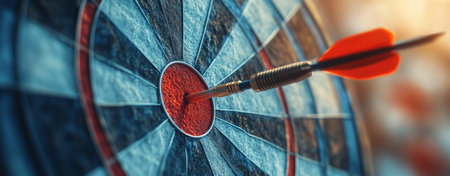 Darts are embedded in the bullseye on a dartboard, showcasing excellent accuracy during a competitive game. The vibrant orange tips stand out against the dark board background.の素材