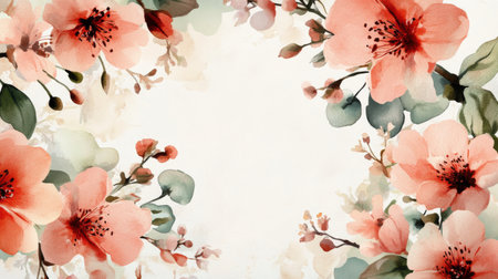 A beautiful watercolor depiction of soft peach flowers and greenery creates an elegant design. The arrangement includes a central blank space, perfect for personalized messages or titles.の素材
