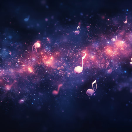 Swirling musical notes dance across a cosmic backdrop filled with vibrant blue and pink hues, creating a harmonious visual representation of music in an ethereal space.の素材