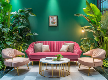 A cozy seating area features a pink velvet sofa and two matching chairs, surrounded by lush green plants.の素材