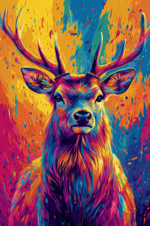 The colorful artwork features a detailed deer head, showing vibrant splashes of paint in a blend of hues. The striking background enhances the deers majestic presence and artistry.の素材