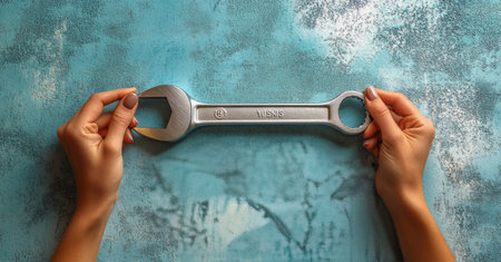 Hands grasping a large metal wrench highlight the tools shine against a vibrant turquoise backdrop. This image emphasizes the importance of tools in repair and maintenance tasks.の素材