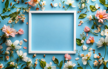 A vibrant turquoise surface is adorned with various fresh flowers and petals, surrounding an empty white frame, creating a whimsical spring atmosphere perfect for a decorative display.の素材