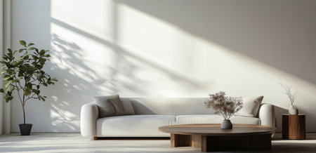 A spacious living room features a white sofa and a circular wooden coffee table, complemented by potted plants. Natural light filters through the large windows, creating a serene atmosphere.の素材