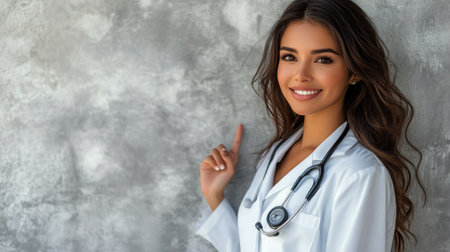 A young female doctor stands with arms crossed, wearing a white coat and a stethoscope, conveying warmth and professionalism. She appears approachable and dedicated to her medical practice.の素材