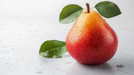 A ripe pear hangs from a branch adorned with vibrant green leaves, glistening with moisture, showcasing natures bounty in a bright and inviting setting.の素材