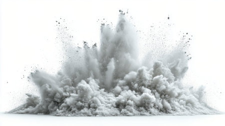 A thick, billowing cloud of smoke fills the air, rising powerfully from the ground as a controlled explosion occurs. The explosion creates a dramatic display of dust and mist, captivating onlookers.の素材