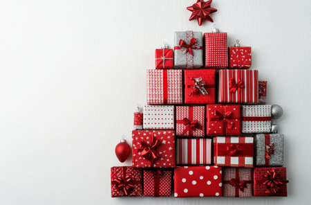 A vibrant collection of red and silver wrapped gifts are carefully arranged in a pyramid shape, adorned with bows, ready for festive occasions. This cheerful display enhances holiday spirit.の素材