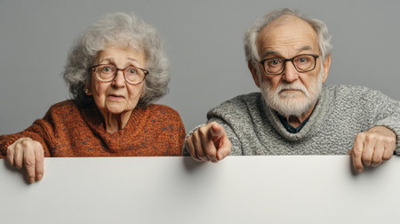 An elderly couple stands closely together, looking surprised as they hold a blank sign. Their facial expressions convey curiosity and concern, showing the nuances of aging.の素材