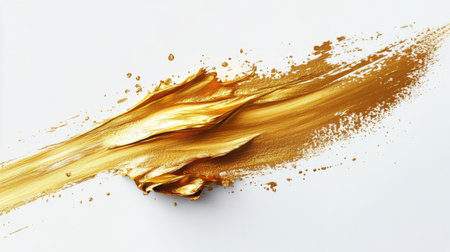 A dynamic golden paint stroke spreads across a clean white surface, emphasizing its glossy finish and flowing texture, capturing the essence of creativity and artistry in a modern design.の素材