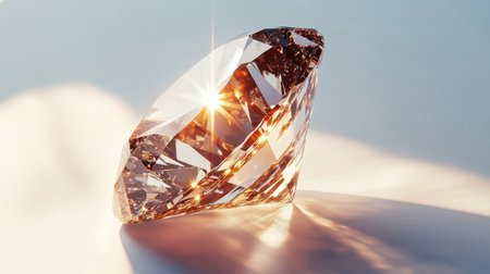 A beautifully cut crystal diamond showcases its brilliance as it catches the light, sitting on a softly lit surface. The faces create a captivating display of reflections and shadows.の素材