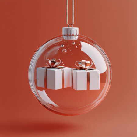 A transparent glass ornament displays a neatly wrapped gift with a ribbon inside, suspended against a bright red background, evoking a festive atmosphere related to holiday celebrations.の素材