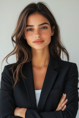 A confident woman stands with her arms crossed, wearing a black suit jacket over a white blouse. She has long, wavy hair and a warm smile, creating a professional yet approachable appearance.の素材