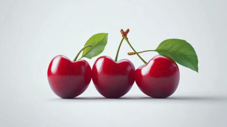 Three shiny red cherries with green leaves rest in a row, each adorned with droplets of water, symbolizing freshness and vitality in a simple yet appealing arrangement.の素材