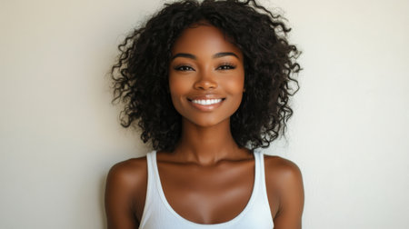A woman with a radiant smile and curly hair stands confidently in a casual top, showing natural beauty. The bright lighting enhances her joyful expression and highlights her features.の素材