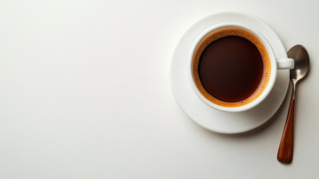 A warm cup of brewed tea sits on a pristine surface, complemented by a silver spoon resting next to it. The tea displays a rich, inviting color, emphasizing its freshness.の素材
