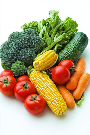 A colorful assortment of fresh vegetables features ripe tomatoes, sweet corn, and bright green broccoli, showcasing their vibrant colors and textures, perfect for a healthy meal.の素材