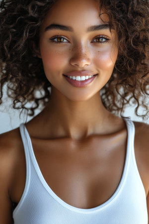 A young woman with beautiful curly hair smiles warmly, wearing a simple white tank top against a light backdrop. Her joyful expression radiates positivity and warmth.の素材
