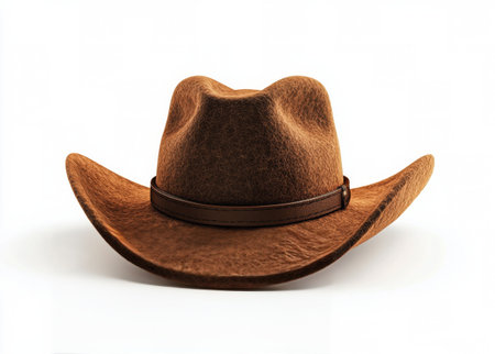 A classic brown cowboy hat showcases its iconic wide brim and structured crown on a pristine white background, highlighting its craftsmanship and inviting a sense of rustic charm.の素材