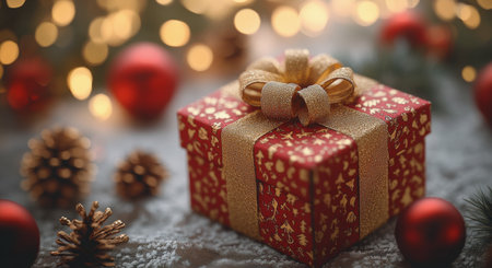 A wrapped gift adorned with a red bow sits elegantly on a wooden table. Glimmering holiday lights and ornaments create a warm, festive atmosphere, perfect for celebrating the season.の素材
