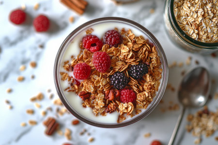 A bowl filled with granola, topped with blueberries and raspberries, sits beside a jar of granola and oats. This wholesome breakfast showcases vibrant colors and a nutritious start to the day.の素材
