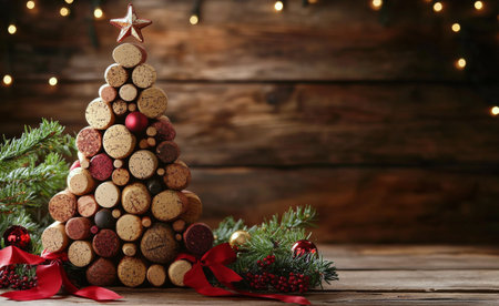 A unique Christmas tree is crafted from various wine corks, artfully arranged to form a triangular shape.の素材