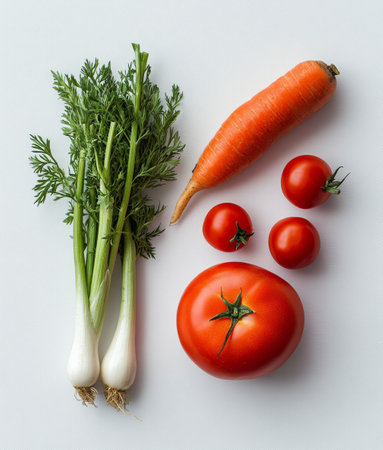 A vibrant green leafy vegetable is shown beside an orange tomato and a red tomato, all placed on a light colored surface with natural lighting, emphasizing their freshness and color.の素材