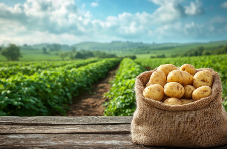 A burlap sack filled with freshly harvested potatoes is placed on a wooden table. The background features a sprawling green field under a bright blue sky with fluffy clouds.の素材
