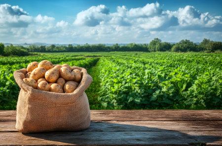 A burlap sack filled with freshly harvested potatoes is placed on a wooden table. The background features a sprawling green field under a bright blue sky with fluffy clouds.の素材